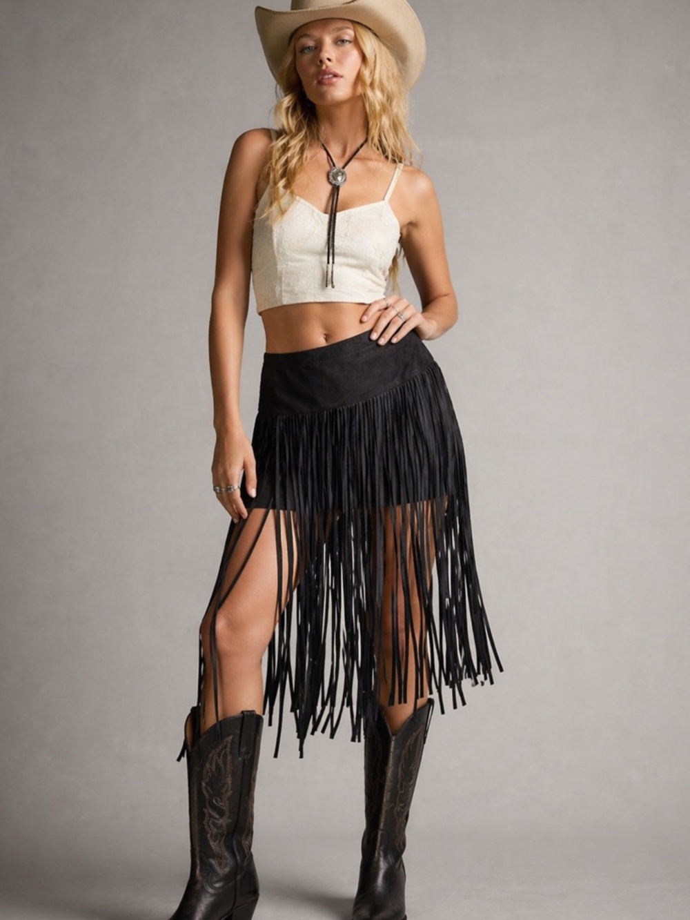 Alberto Makali Faux Suede Fringe Western Skirt in Black